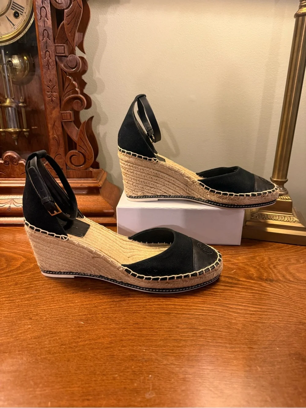 Tory Burch Black Canvas/Leather Espadrille Ankle-Strap Wedge Sandals Size 10.5